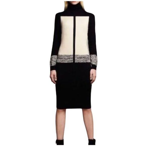 Black and cream Colorblock Narcisco Rodriguez Colorblock Turtleneck Sweater Dres - Picture 1 of 13